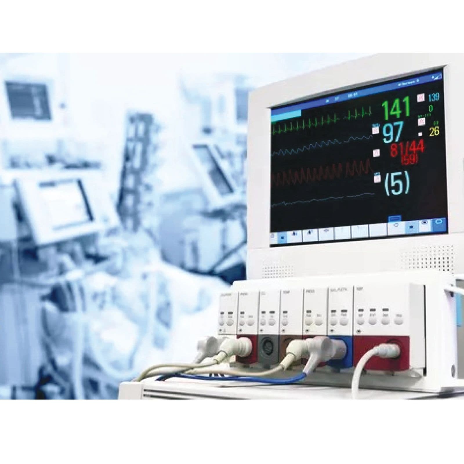 Medical wire harness in hospital room with monitor and equipment.