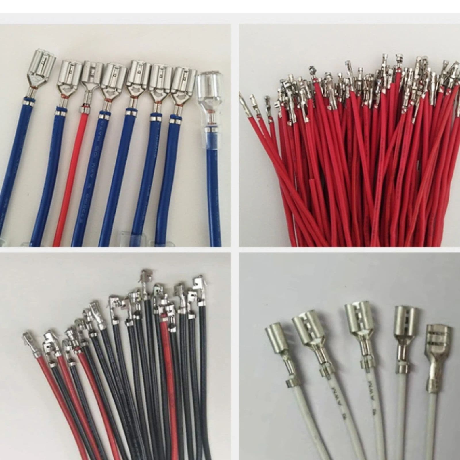 A collage showing various custom wire assemblies with different crimped terminals.