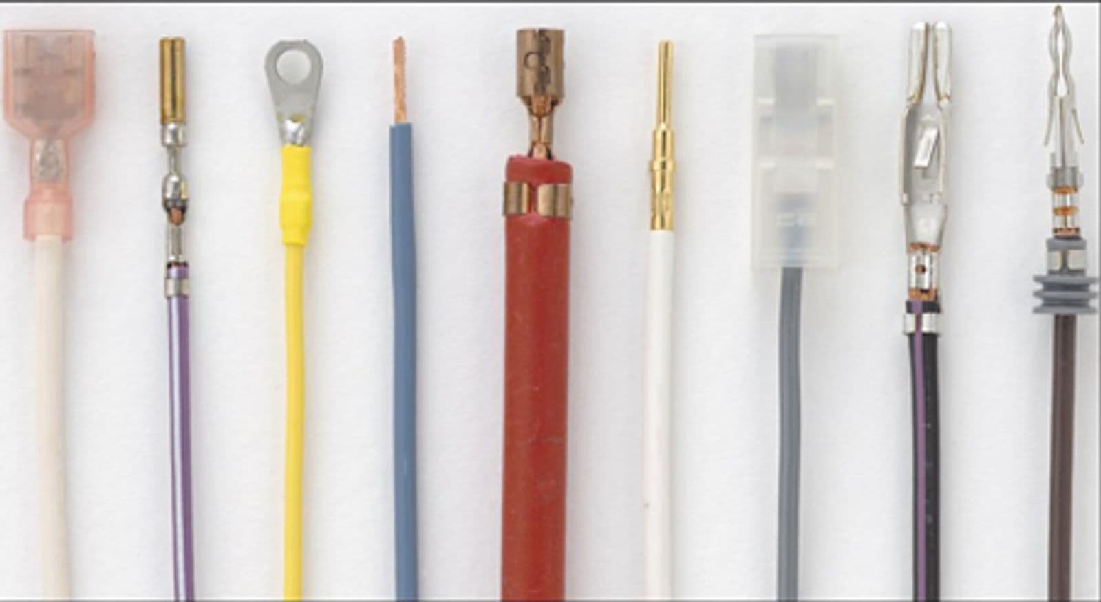 A variety of custom wire assemblies showcasing different crimped electrical connectors.