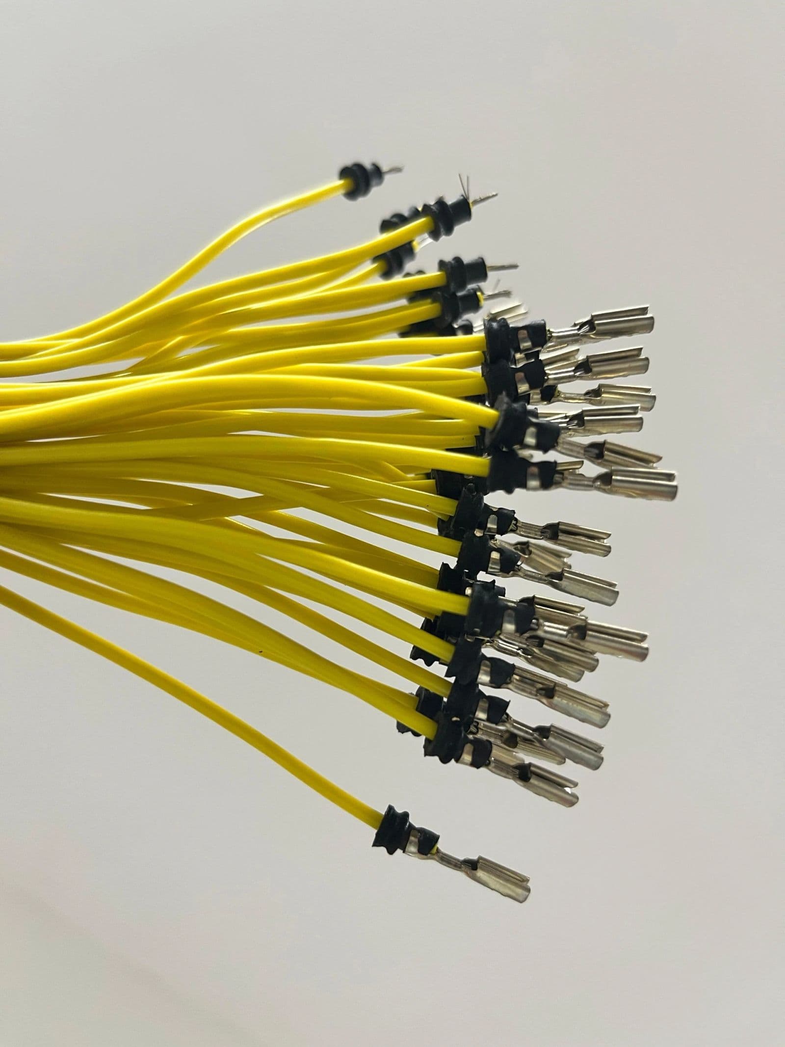 A bundle of yellow electrical wires with crimped pin terminals for a custom harness.
