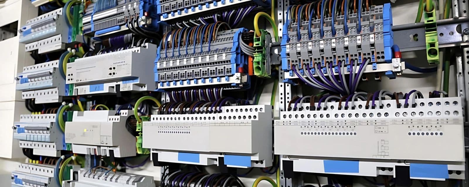 Electrical wiring and control panel in a factory with power panel wiring harness.